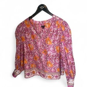 Ann Taylor Women’s Floral V-Neck Blouse Medium - 100% Cotton - Blouson Sleeves